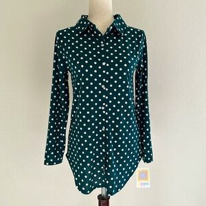 LuLaRoe Valentina Polka Dot Button-Up Blouse - Green and White XS